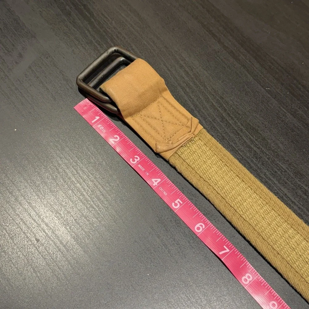 Y2K Canvas Web Belt Tan Brown Double D-Ring Buckle 48